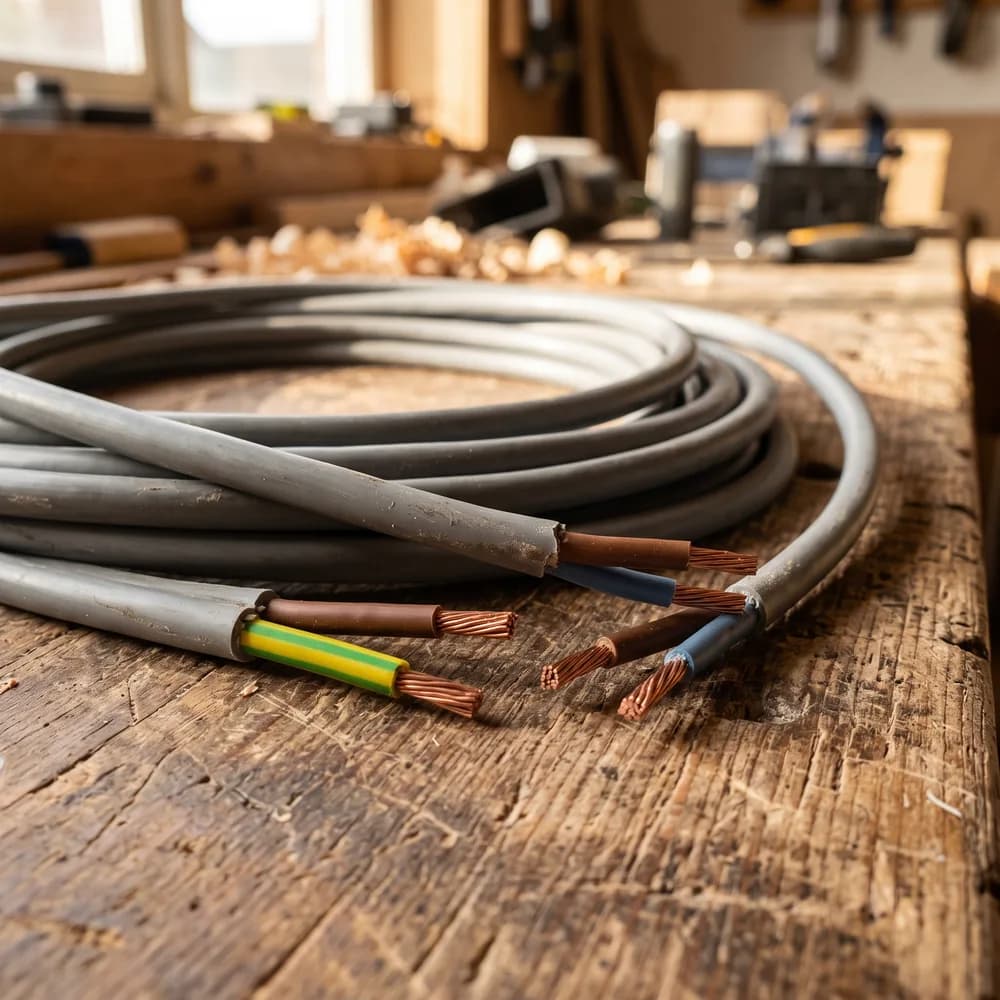 Coiled grey twin and earth cable with cut ends showing brown, blue and green and yellow striped conductors, macro detail.