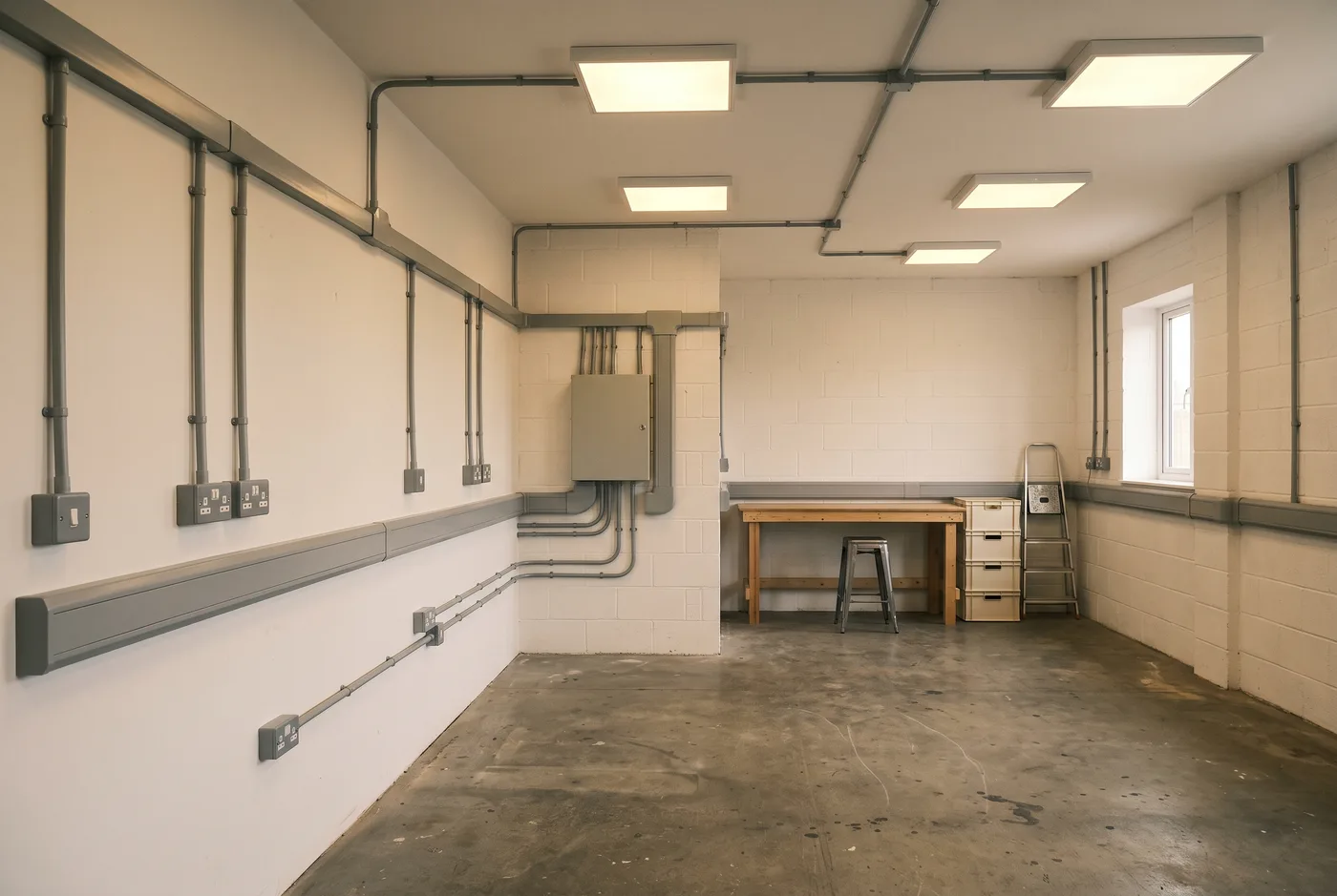 A small commercial unit fitted with new LED panel lighting overhead and grey trunking runs along the walls.