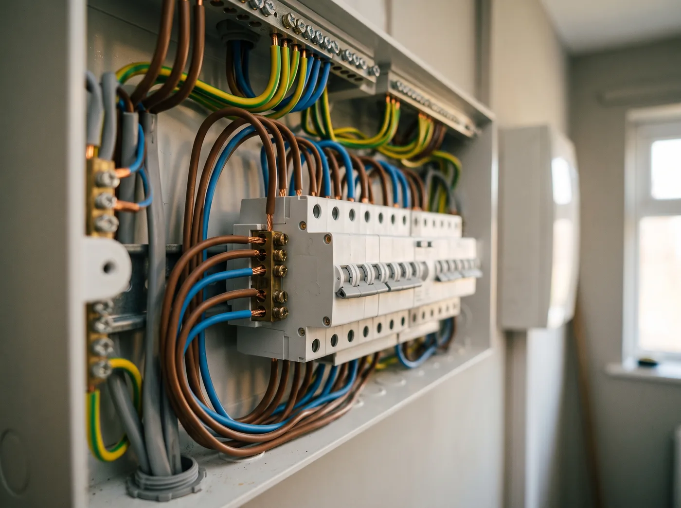 Close-up of a modern UK consumer unit with RCBO devices on a DIN rail and neatly dressed brown, blue and green and yellow conductors.