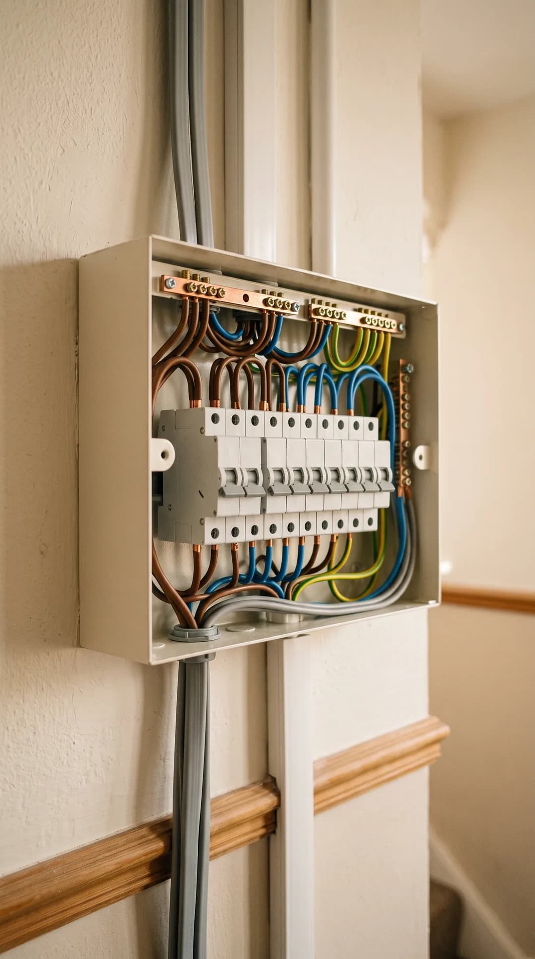 A UK consumer unit mounted in a hallway with the cover open, neat brown, blue and green and yellow wiring on a DIN rail, shown in portrait orientation for mobile.