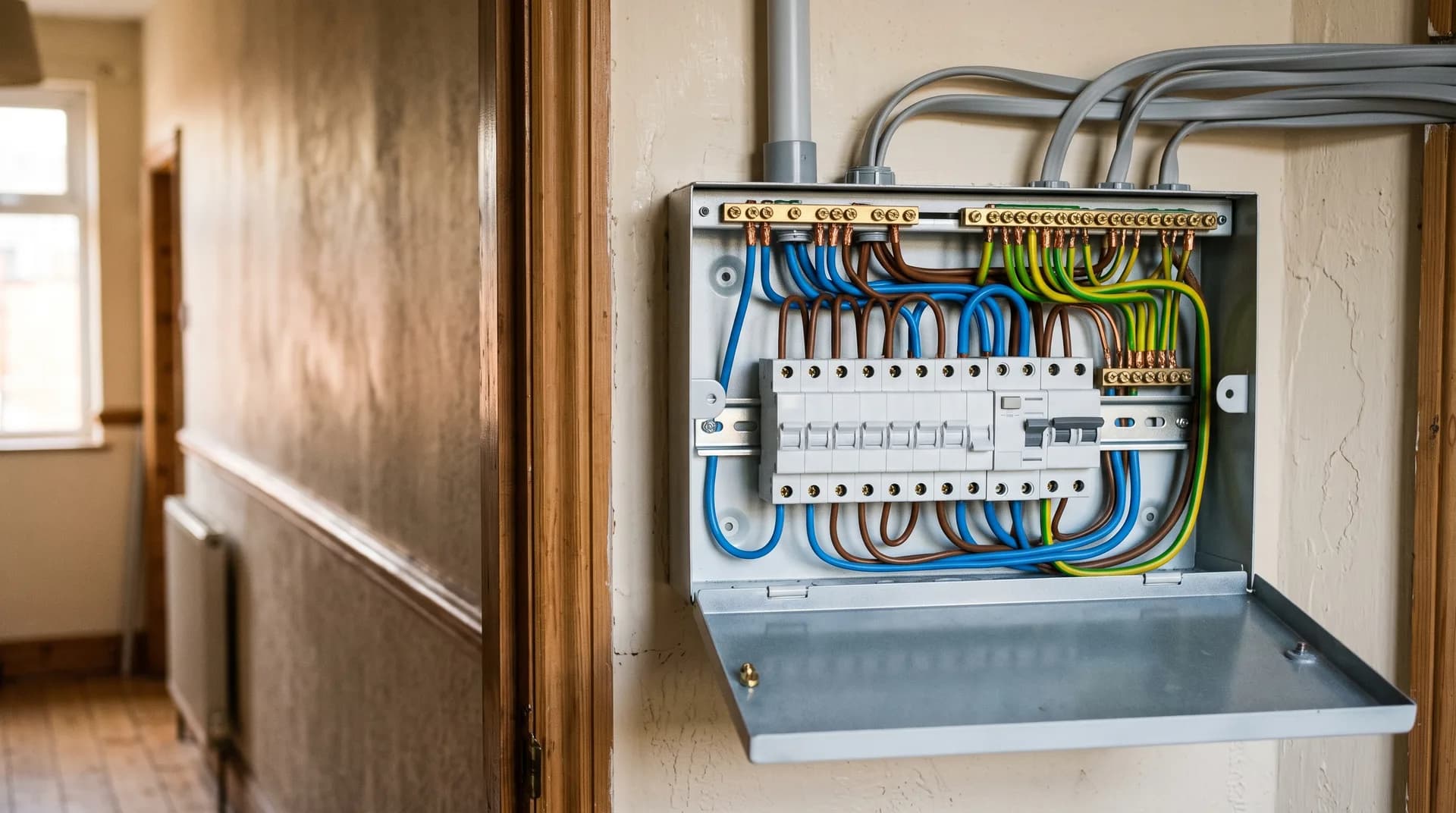 A freshly installed UK consumer unit with the cover open, showing tidy brown, blue and green and yellow wiring on a DIN rail in a terraced house hallway.