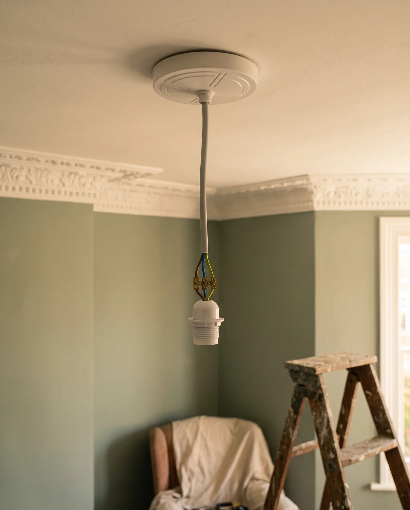 A pendant light being connected to a ceiling rose in a 1930s semi detached house, with ornate coving and a stepladder nearby.