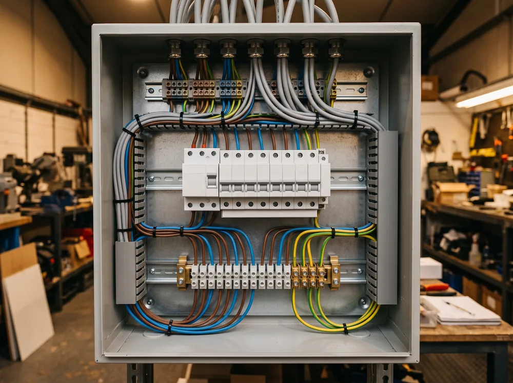 Interior of a distribution board in a small commercial unit, showing a DIN rail, terminals and cable glands in a grey enclosure.