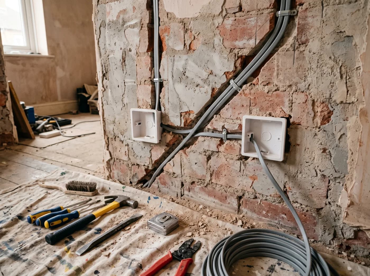 A chased brick wall with new grey cable runs and white flush back boxes fitted, ready for replastering.