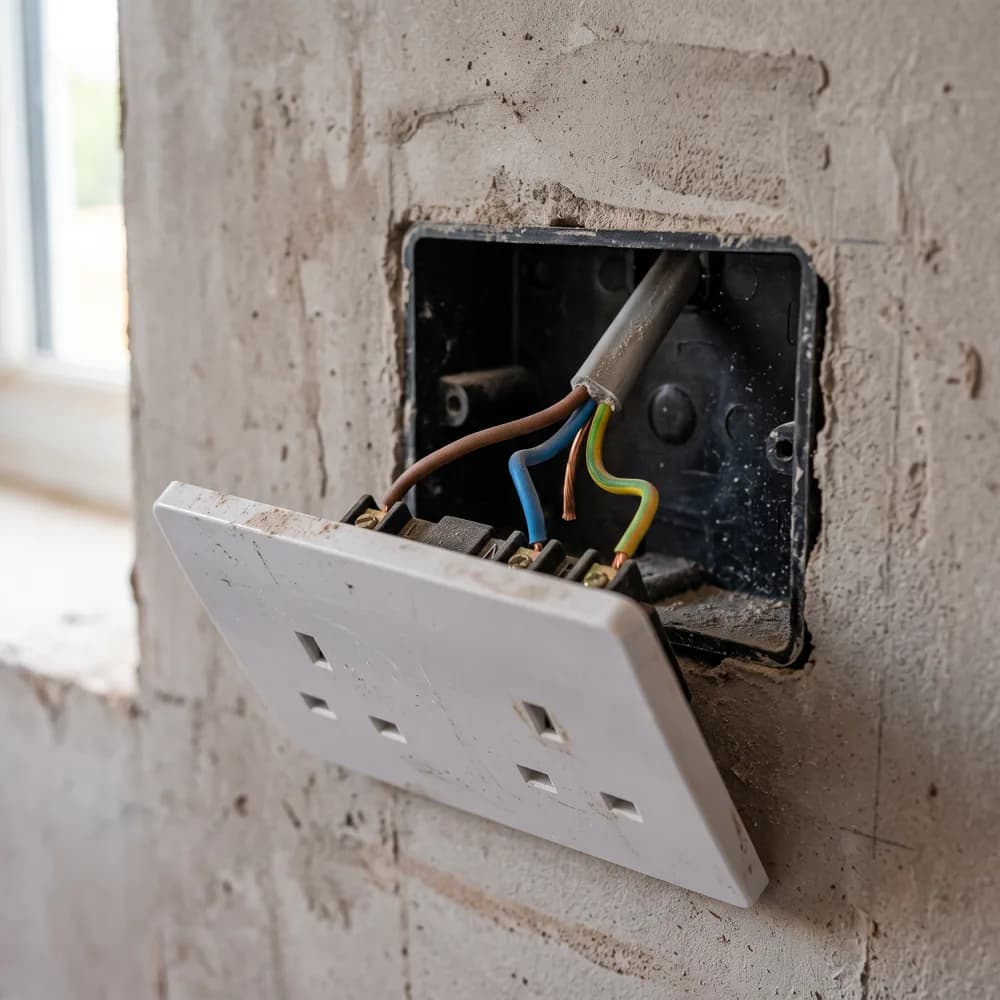 A white UK double socket being wired into a freshly plastered wall, with brown, blue and green and yellow conductors visible in the back box.