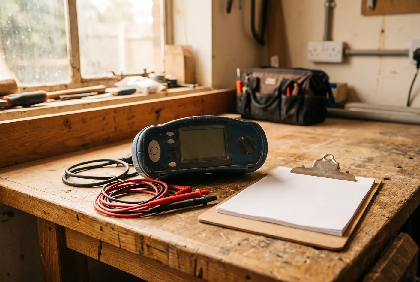 A multifunction installation tester with coiled test leads and a blank clipboard resting on a wooden workshop bench.